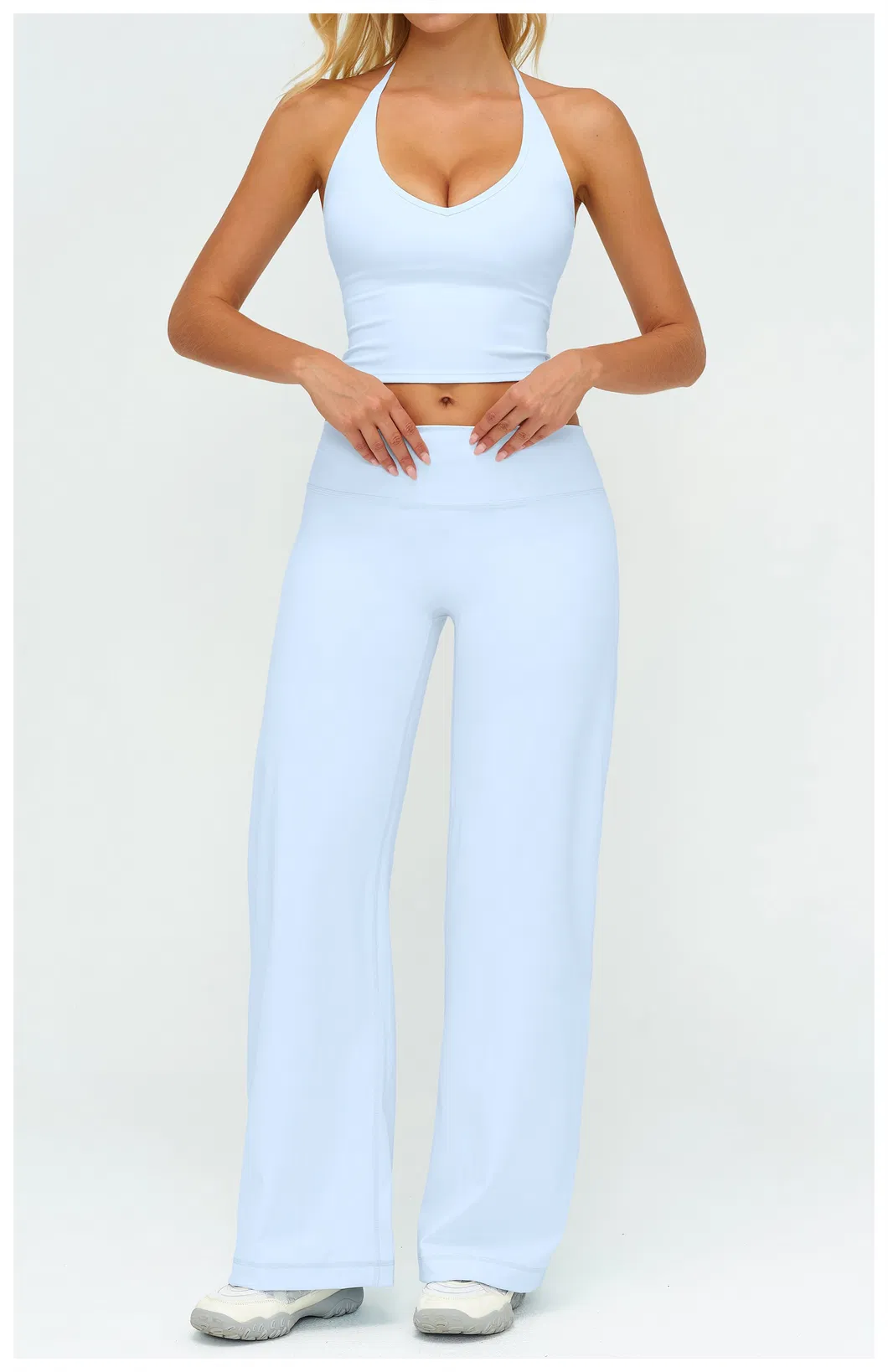 Elegant Resort Wear Yoga Set Halter Neck Top & Flowing Wide Leg Palazzo Pants, Naked Feel for Beach & Vacation