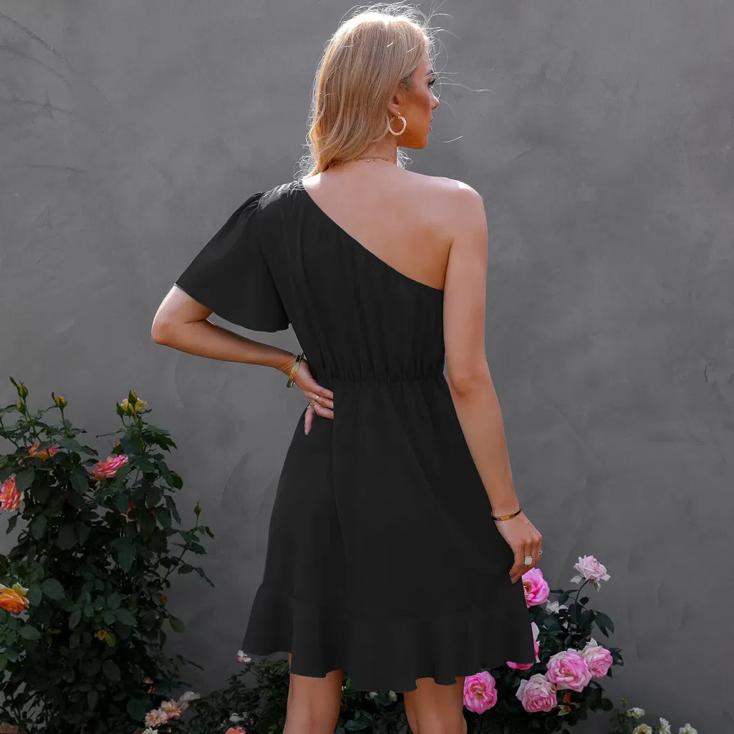 2025 Fashion Summer Solid Color Slash Neck One Shoulder Short Sleeve Dress