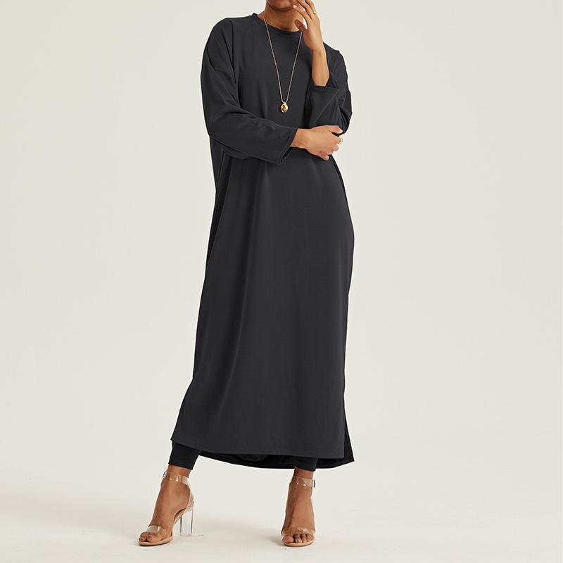 2025 Long Sleeve Side Slit Casual Muslim Modest Dress Women Loose Adults Crew Neck Islamic Clothing