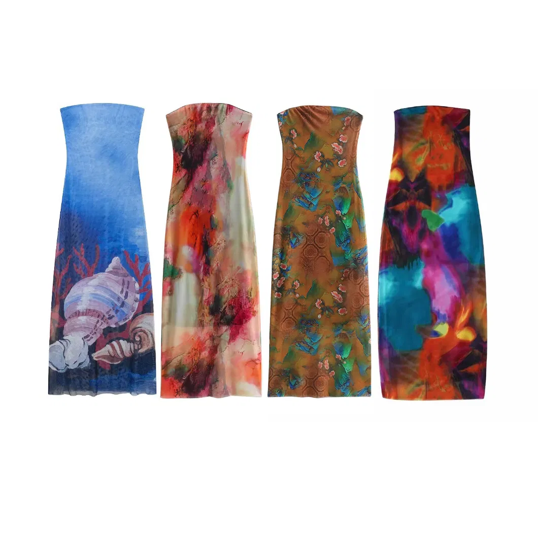 Sexy Women Dress Slim Fit Strapless Mesh Printed Long Dress Chiffon Holiday Resort Wear Fashion Ladies Dresses European Style Custom Clothing OEM ODM