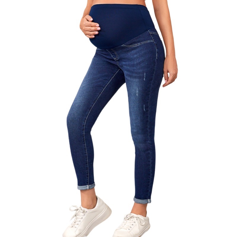 Custom Logo Print Autumn Winter High-Waisted Maternity Jeans for Women Soft Comfortable Breathable Slim-Fit Denim Casual Pants