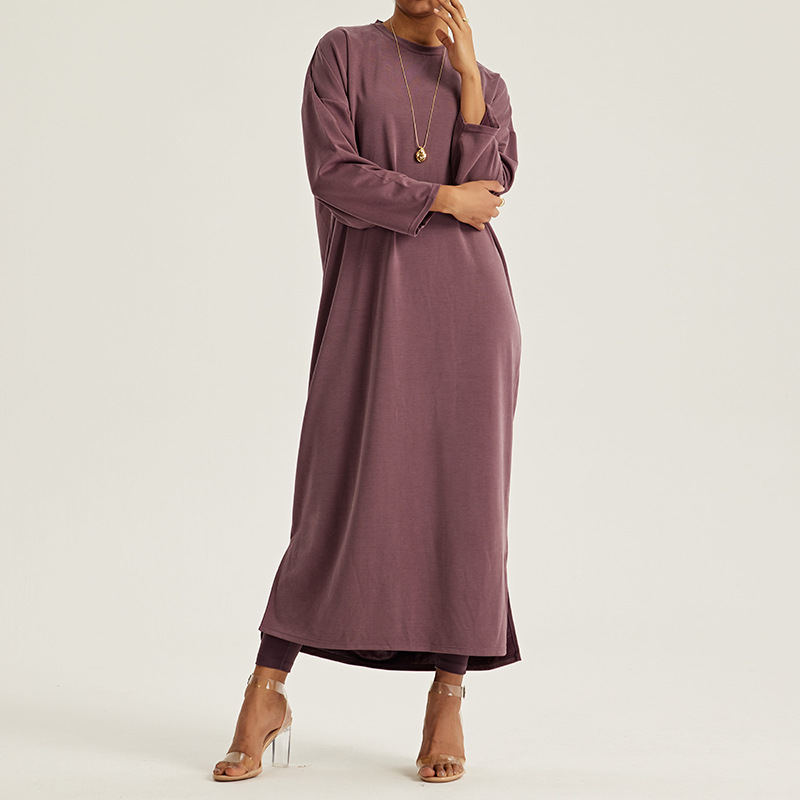 2025 Long Sleeve Side Slit Casual Muslim Modest Dress Women Loose Adults Crew Neck Islamic Clothing
