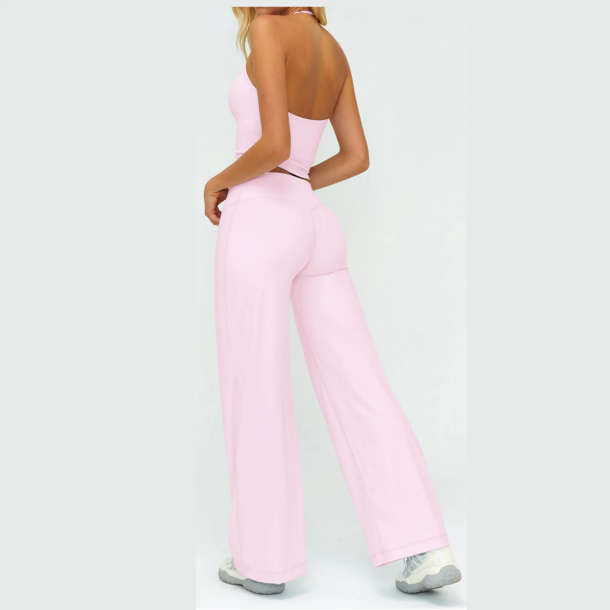Elegant Resort Wear Yoga Set Halter Neck Top &amp; Flowing Wide Leg Palazzo Pants, Naked Feel for Beach &amp; Vacation