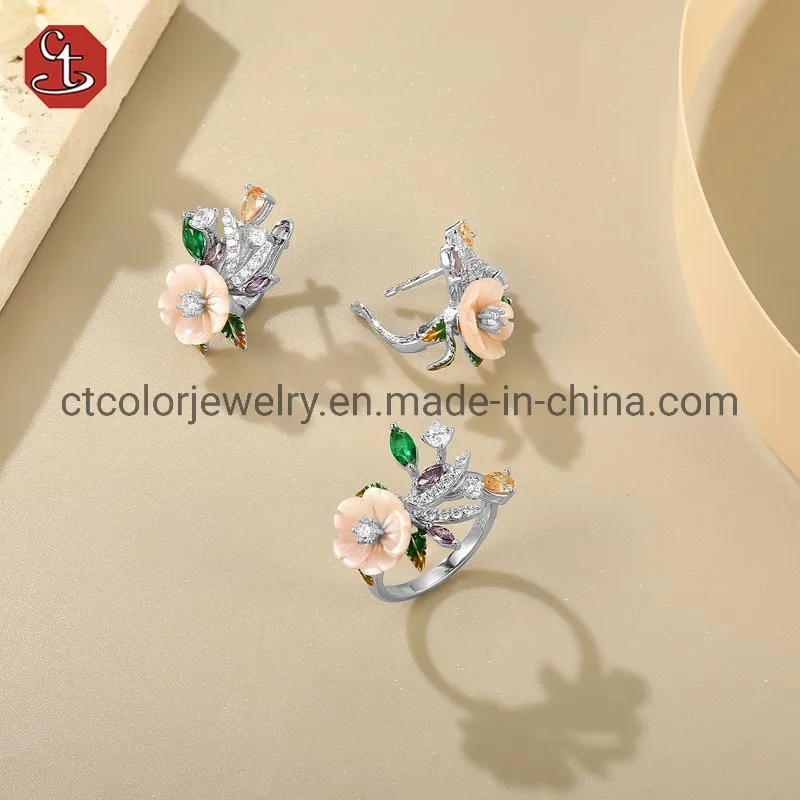 Fashion shell flower jewelry collection enamel green glass flower ladies ring