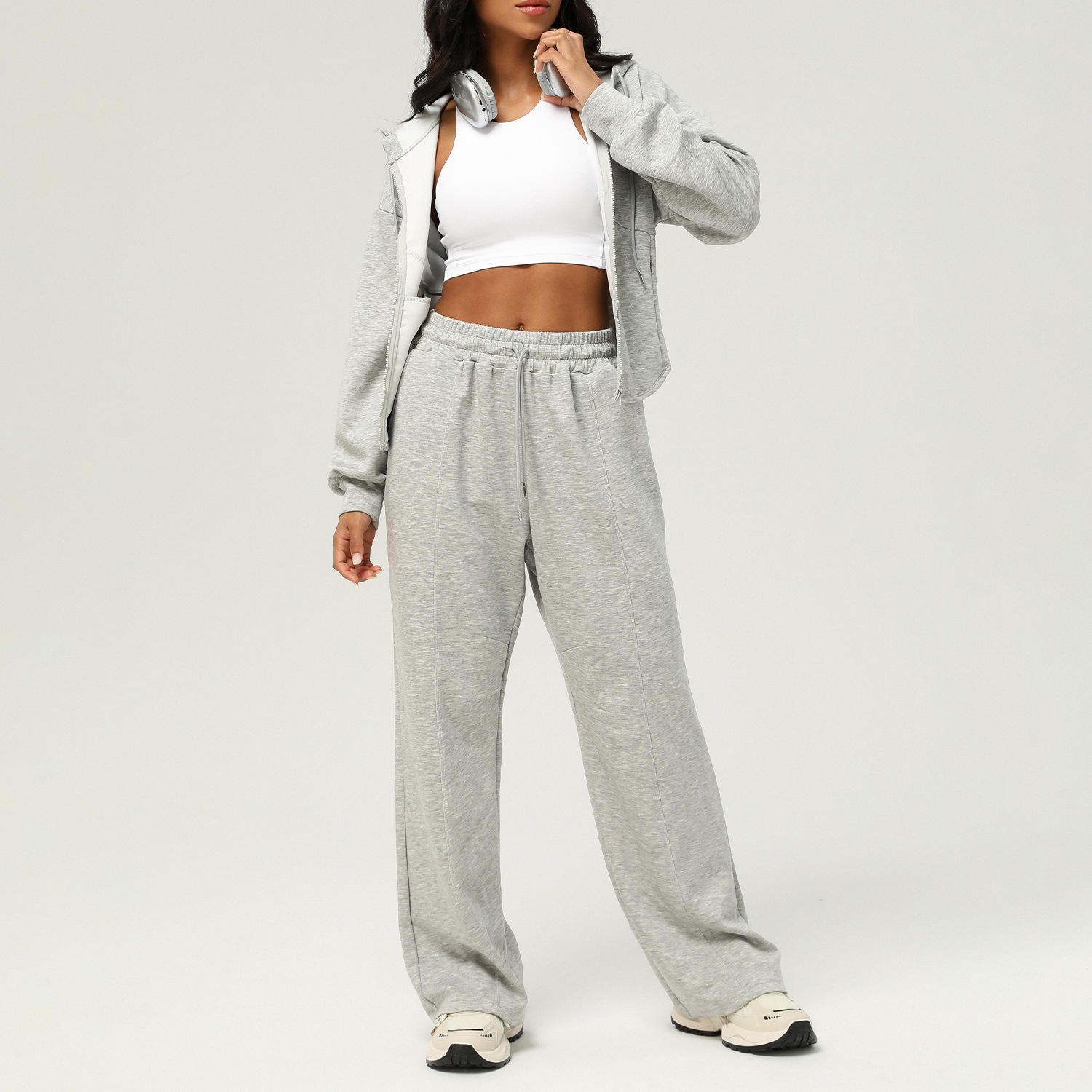 2455 New Solid Color Breathable Sustainable Elastic Waist Women's Plus Size Sports Yoga Sets-Casual Hooded Sweatshirt Loose Yoga