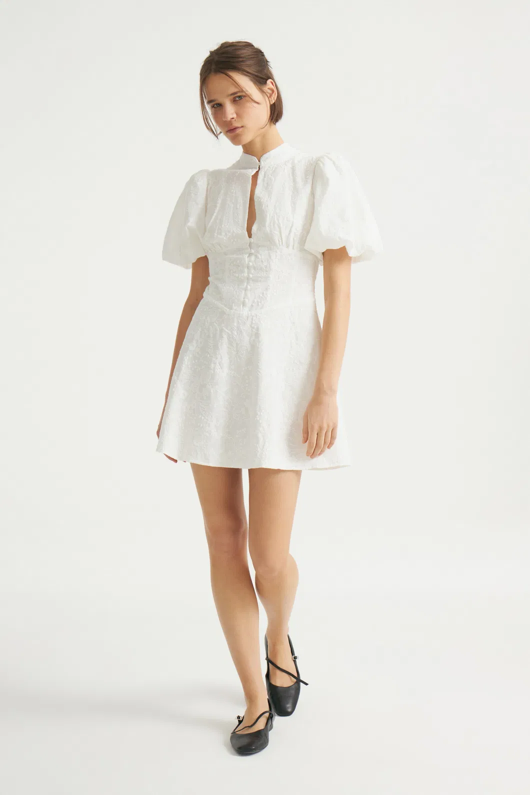 Customized Wholesale Official Women Dress Fashion Short Fit Short Puff Sleeves Design Stand Collar Embroidery Fabric Dress for Woman Summer Wear