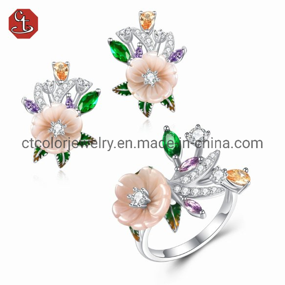 Fashion shell flower jewelry collection enamel green glass flower ladies ring