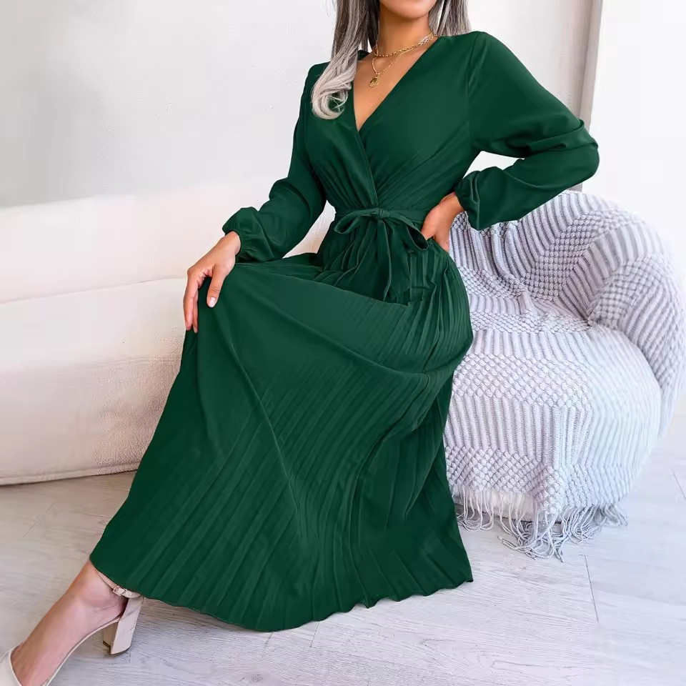 Wholesale New Fashion Women Long Sleeve V-Neck Pleated Dresses Solid Color Lace up Belt Europe Hot Sale Elegant Casual Long Dress Support Custom Brand