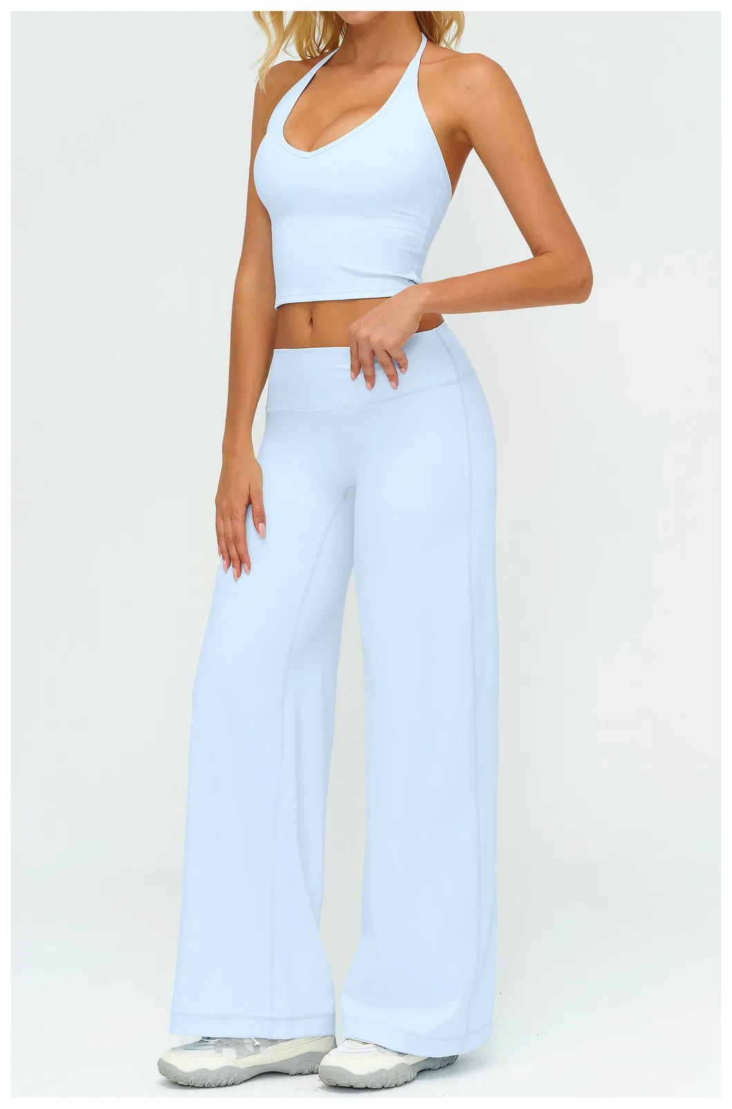 Elegant Resort Wear Yoga Set Halter Neck Top & Flowing Wide Leg Palazzo Pants, Naked Feel for Beach & Vacation
