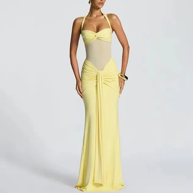 Halter Neck Mesh Long Dress Fashion New Mesh Patchwork Elegant Mermaid Tail Ribbon Dress