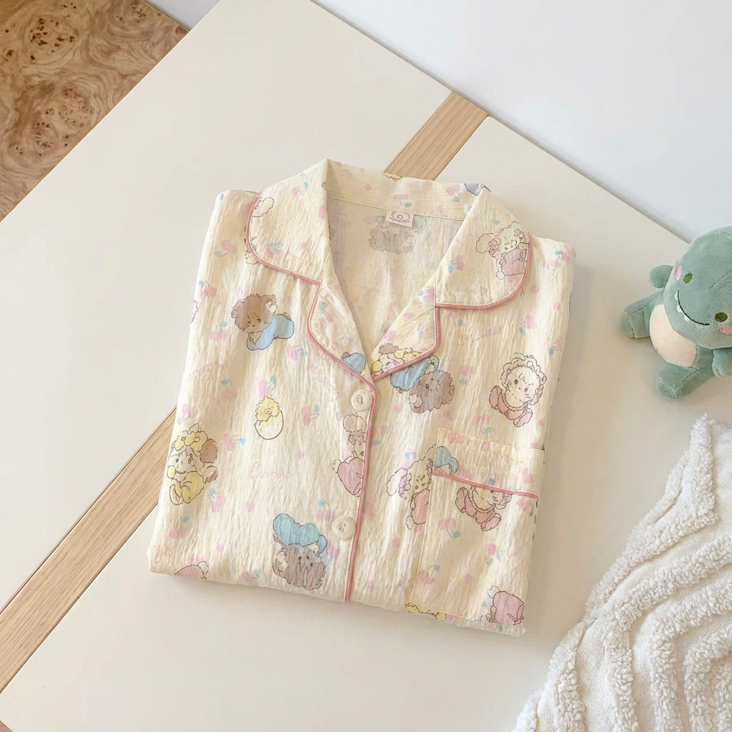 Women's New Style Lapel Button Pajama Set Long Sleeve Pants Sweet Loose Home Clothes Two-piece Set