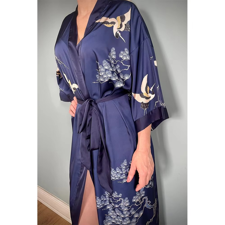 High Quality Elegant Women's Silk Satin Sleepwear Gown Set Elastic Waist Full Length Long Sleeves Soft Comfortable Breathable