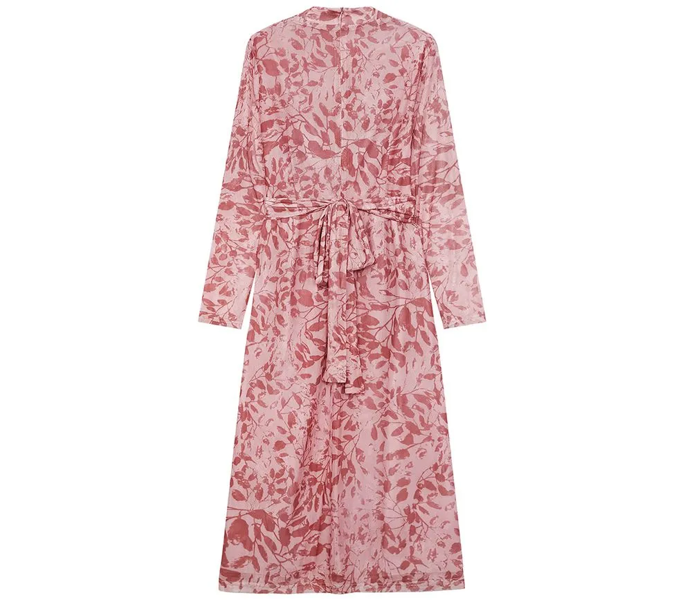 New Arrival Fashion Dress Casual V Neck Mesh Print Maxi Dresses with Satin Lining Women Elegant Long Dress
