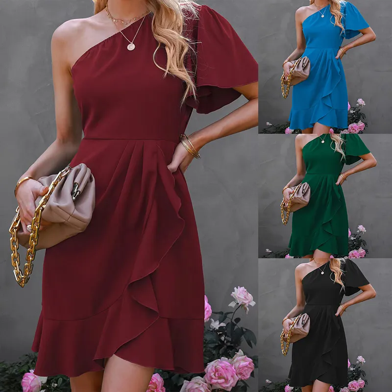 2025 Fashion Summer Solid Color Slash Neck One Shoulder Short Sleeve Dress