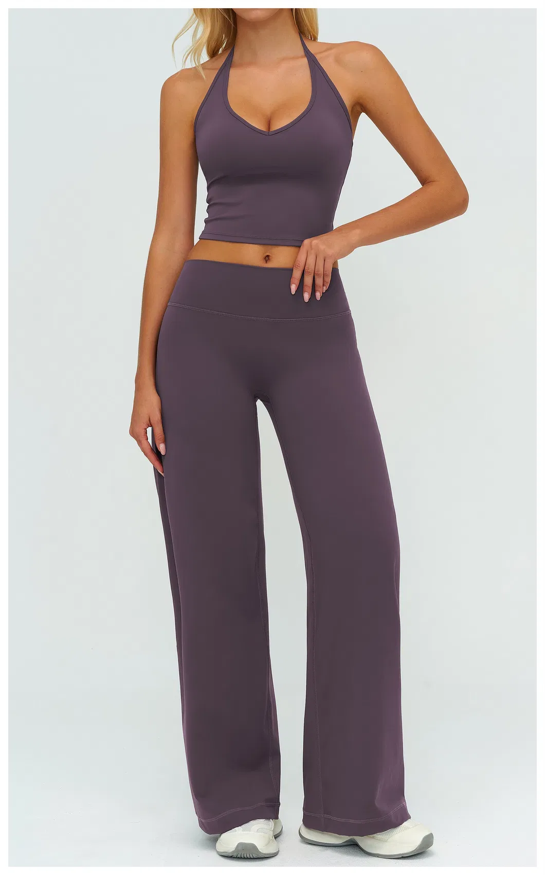 Elegant Resort Wear Yoga Set Halter Neck Top & Flowing Wide Leg Palazzo Pants, Naked Feel for Beach & Vacation