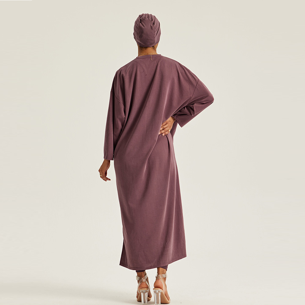2025 Long Sleeve Side Slit Casual Muslim Modest Dress Women Loose Adults Crew Neck Islamic Clothing
