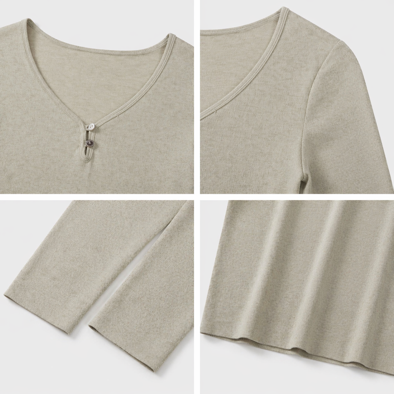 Women's Breathable V Neck Long Sleeve Rib Knit Top Button Front Solid Color Casual Layering T Shirt for Spring/Autumn Daily Wear