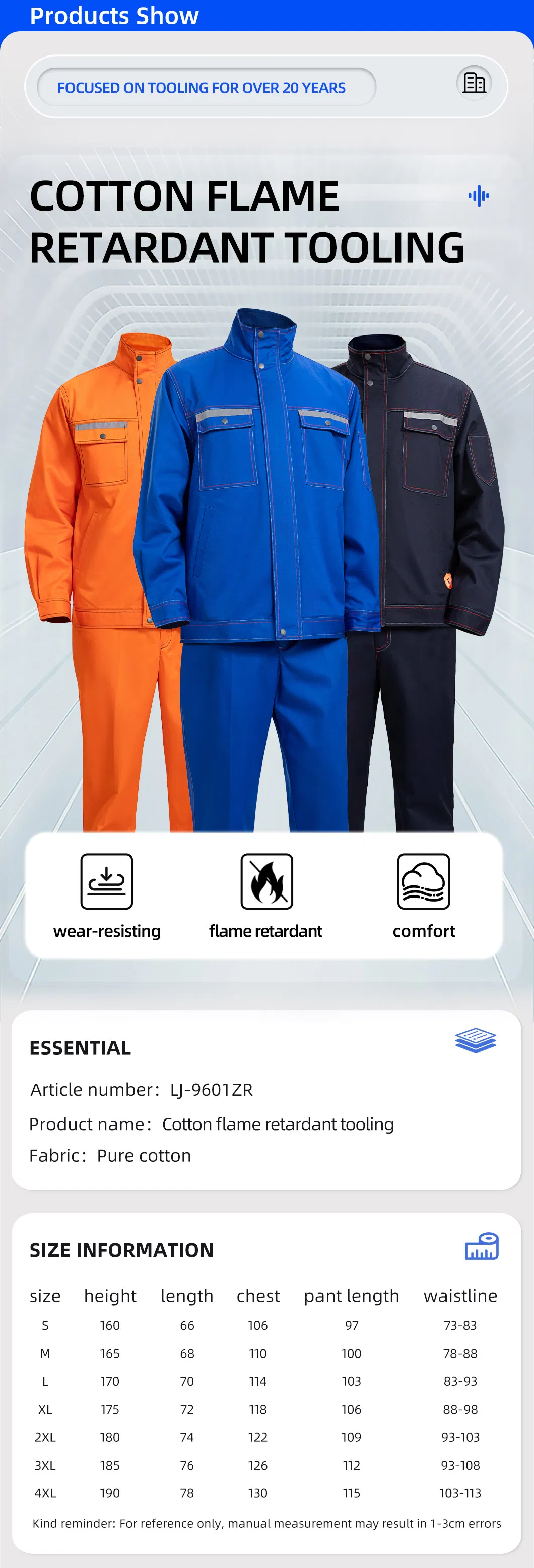 Fr Work Clothing for Men Custom Logo Size 100% Cotton Flame Retardant Workwear Overalls