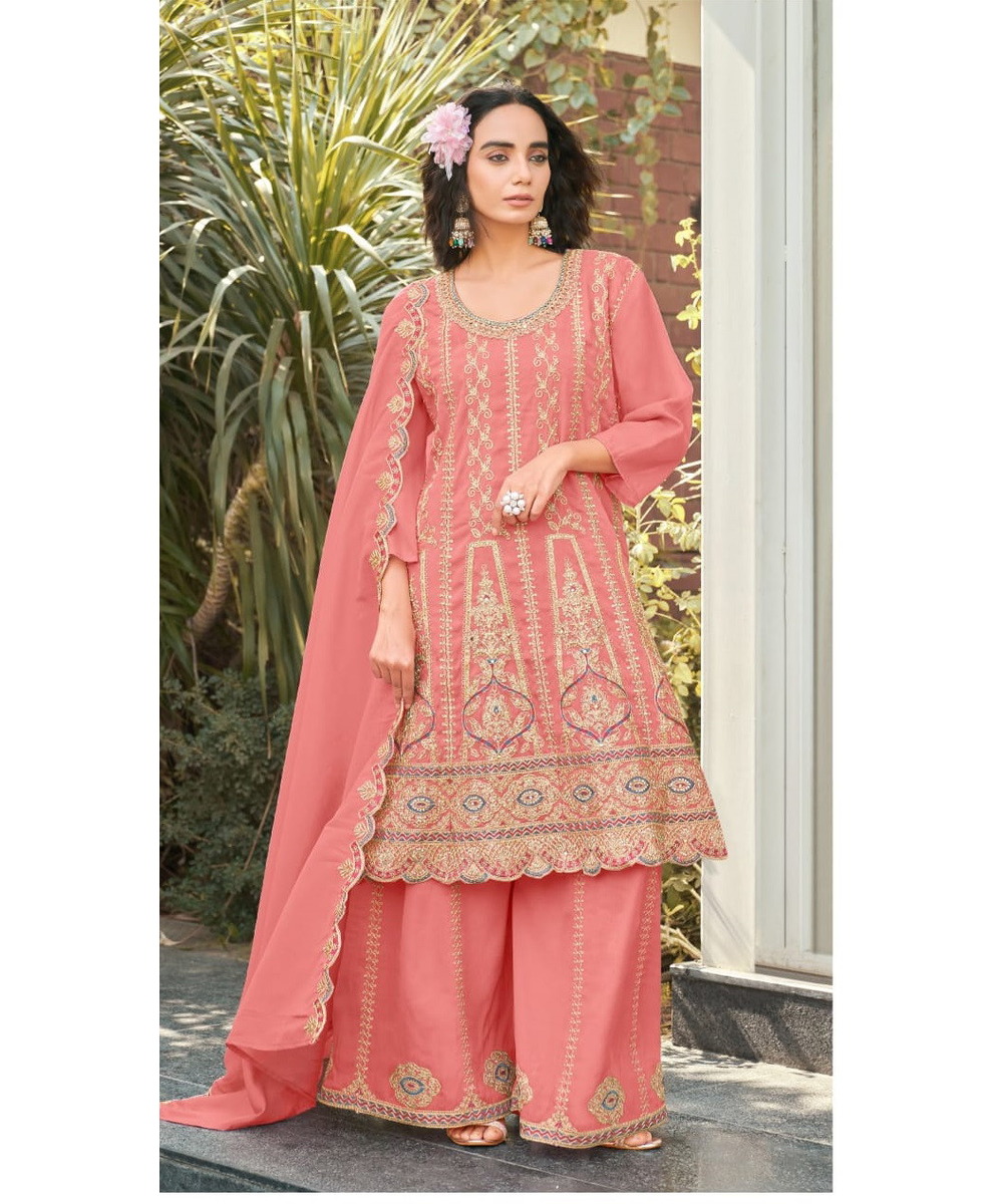 Pakistani Chiffon Two-Piece Modest Suit for Women in Rajasthani Style with Beautiful Dupatta Eco-Friendly and Four Season