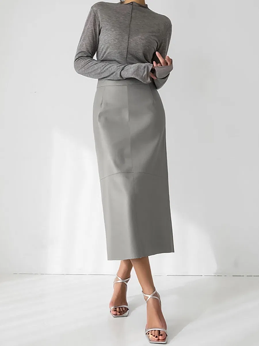 OEM Fashion Women Black Faux Leather High Waist A-Line PU Dress Evening Office Skirt