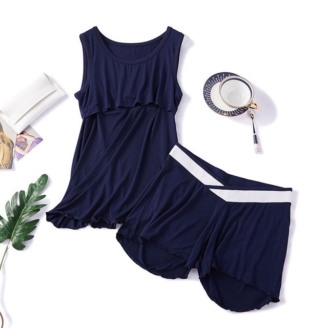 Home Suit Women's Maternity Nursing Set Sleeveless 2 Piece Pregnant Women's Sleepwear Cotton Breastfeeding Pajamas Set