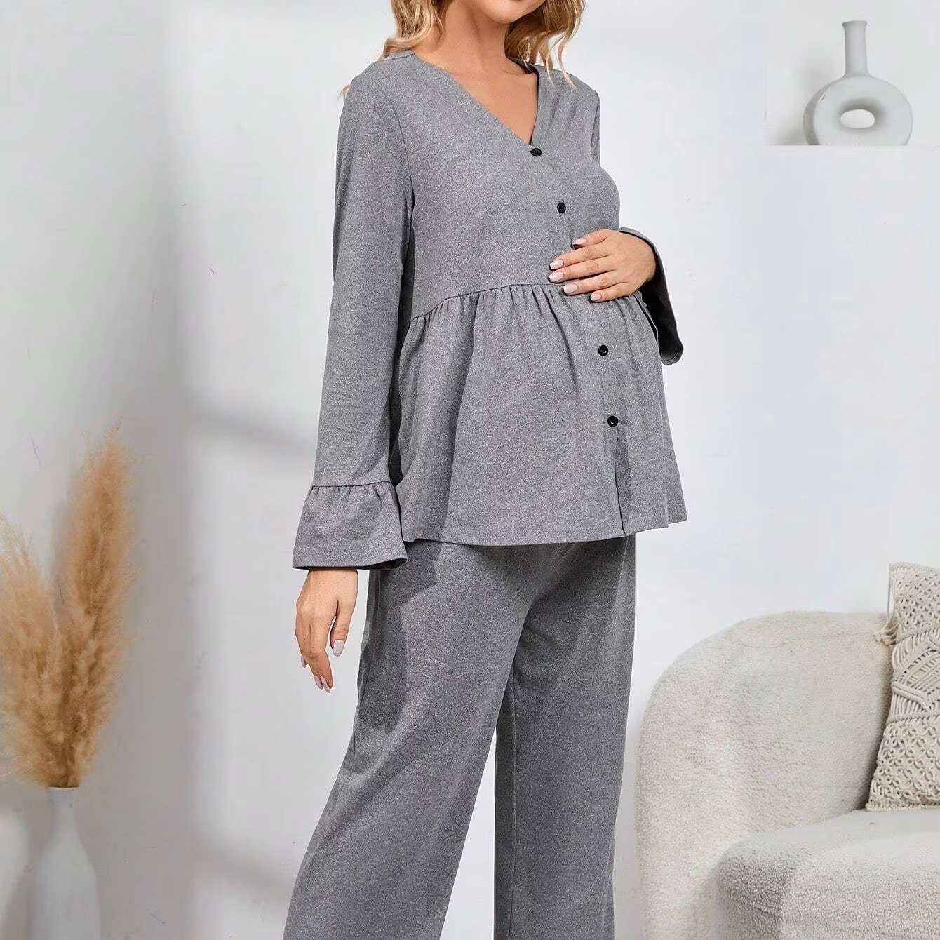 Maternity Button Front Peplum Top Pajamas Pants Adjustable Waist Women Sleep Clothes Wear Pregnant Women Maternity Clothing Set
