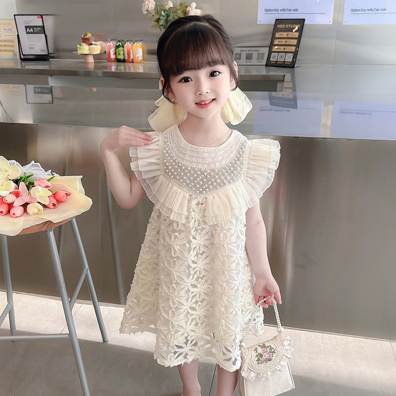 Nnr Summer Pearl Sweet Fashion Plain Color Kids Girls Lace Dresses Knit Cotton