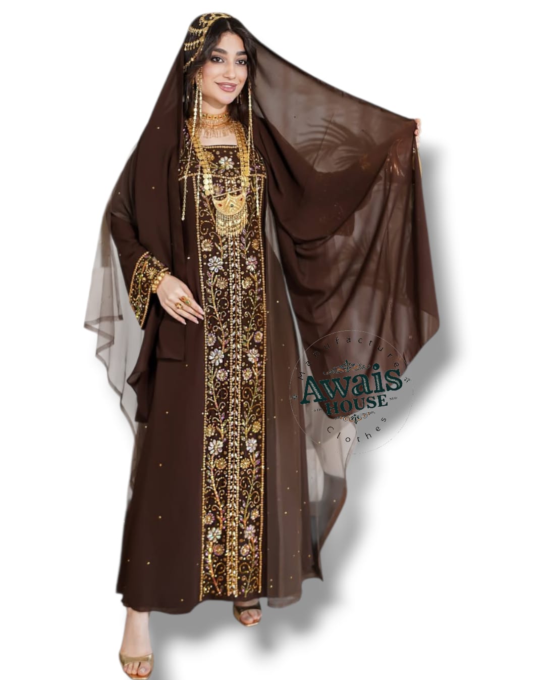 Women's Modest Simple Solid Chiffon Kaftan Luxury Light Beaded Floor-Length A-Line Silhouette Long Sleeve Clothing Muslim Middle
