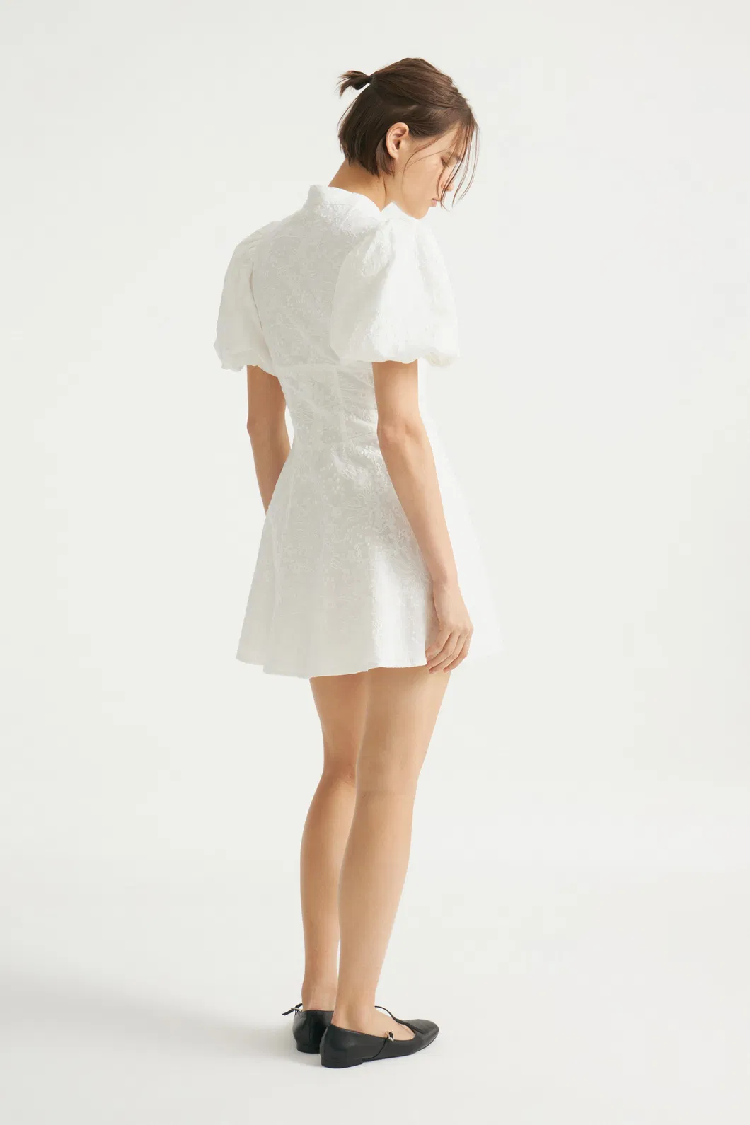 Customized Wholesale Official Women Dress Fashion Short Fit Short Puff Sleeves Design Stand Collar Embroidery Fabric Dress for Woman Summer Wear
