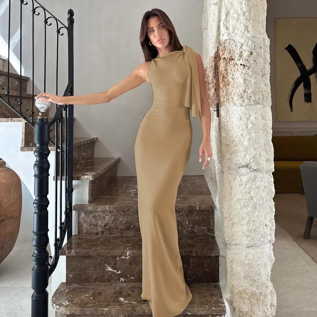 Summer Dress Fashion Single One Shoulder Streamer Solid Color Dresses Women