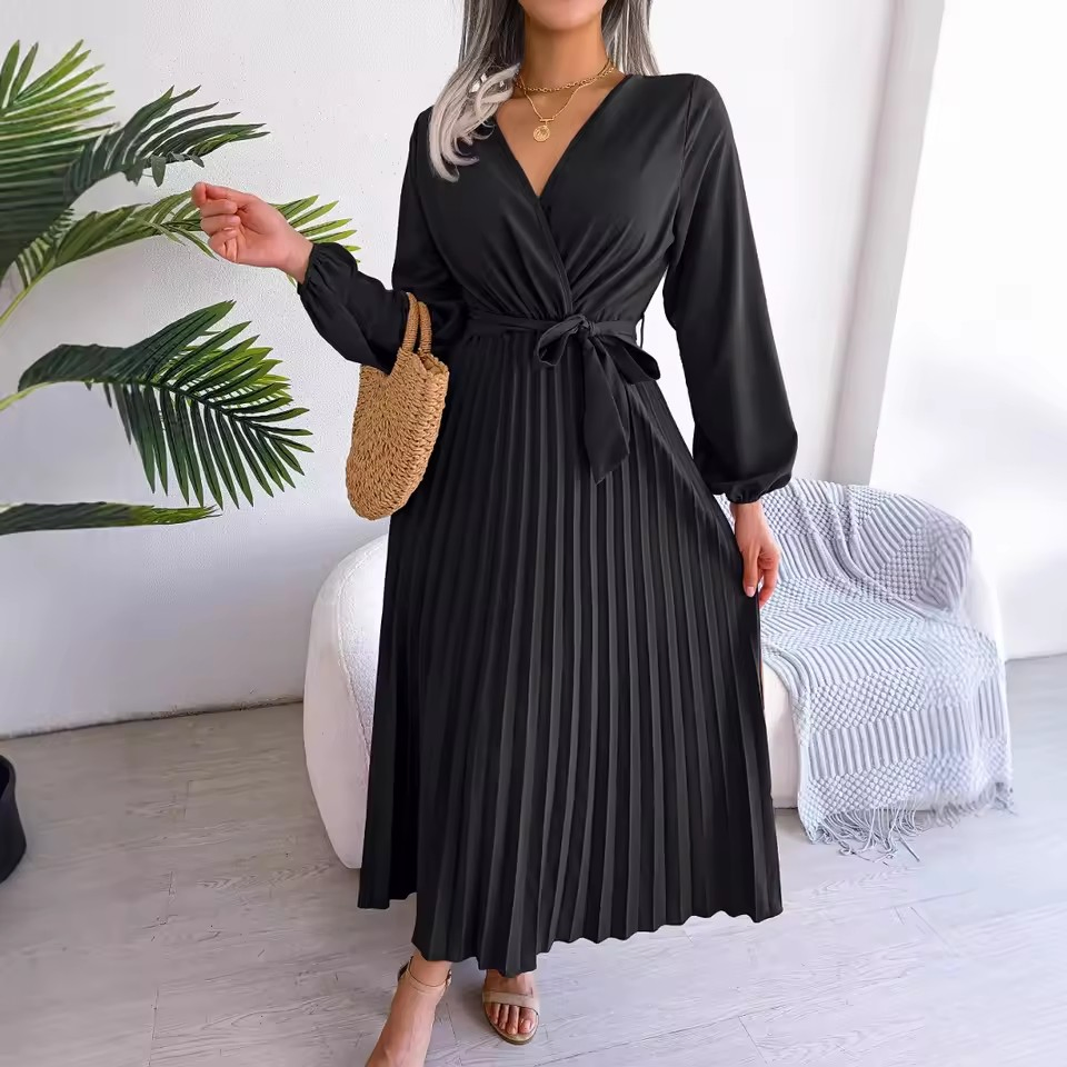 Wholesale New Fashion Women Long Sleeve V-Neck Pleated Dresses Solid Color Lace up Belt Europe Hot Sale Elegant Casual Long Dress Support Custom Brand