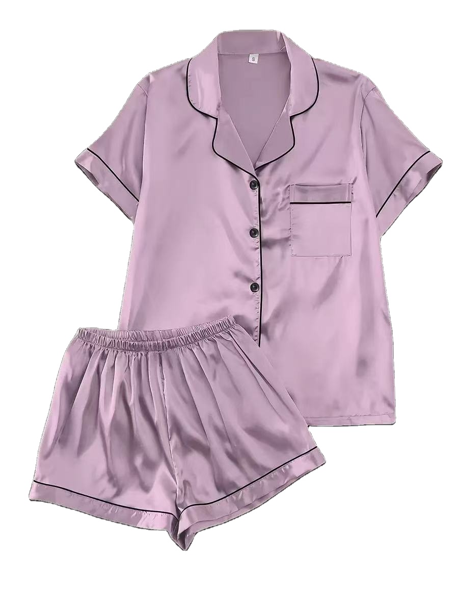 2 Pcs Women's Cute Comfortable Stain Pajamas Set Turn-Down Collar Elastic Waist Short Sleeve Trousers Sleepwear/Leisure/Night