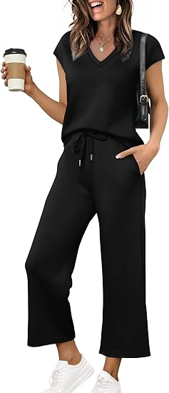 Women's Black Summer Vintage Solid 2-Piece Loungewear Set V-Neck Short Sleeve Top + Drawstring Wide Leg Pants 100% Cotton