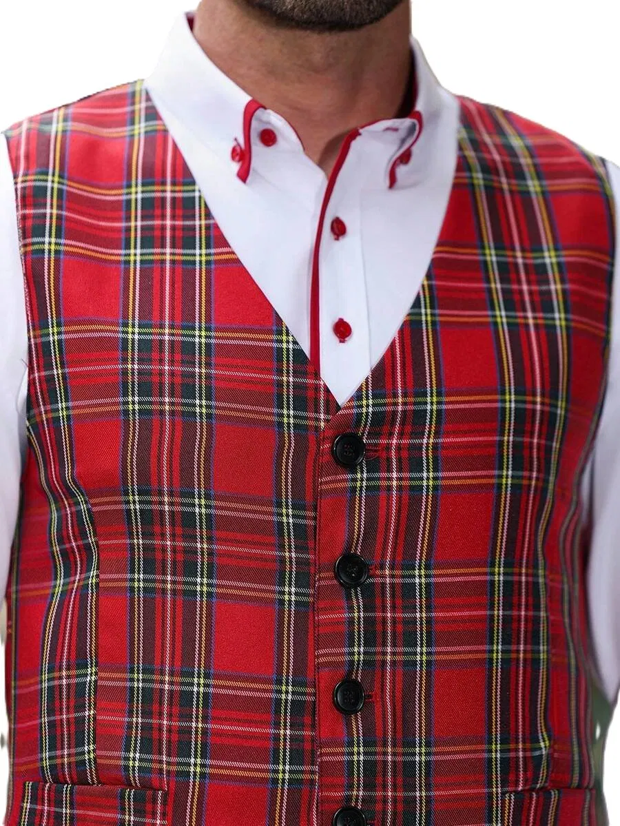 Red Plaid Mens Vest for Business Casual Christmas Party and Daily Wear Sleeveless Waistcoat for Grooms Formal Attire