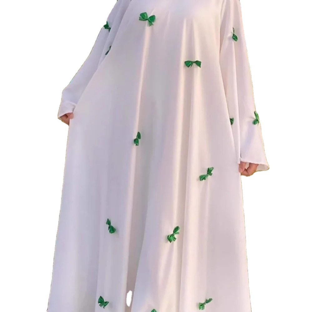 Summer New White Muslim Dress Butterfly Abaya Middle East Arab Women's Dubai Abaya Loose Flared Sleeve Bow Tie Robe Dress