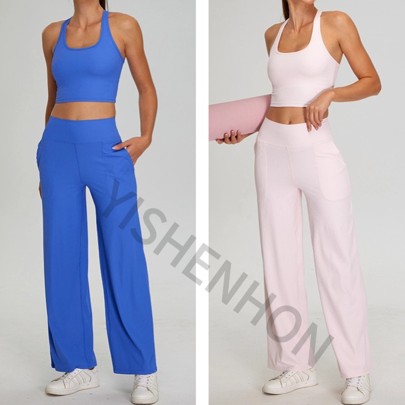 For YISHENHON Women's Breathable Gym Yoga Wear Set Solid Leisure Straight Back Short Sleeves Casual Sport Fitness Workout Pants