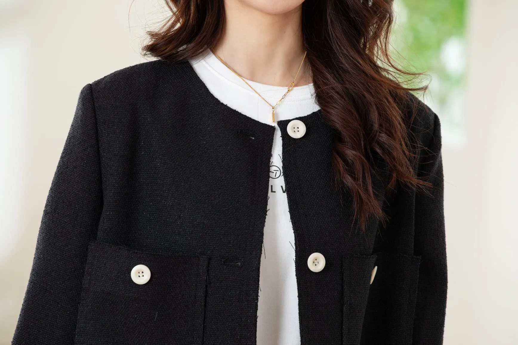 Women's Solid Color Padded Shoulder Tweed Outerwear