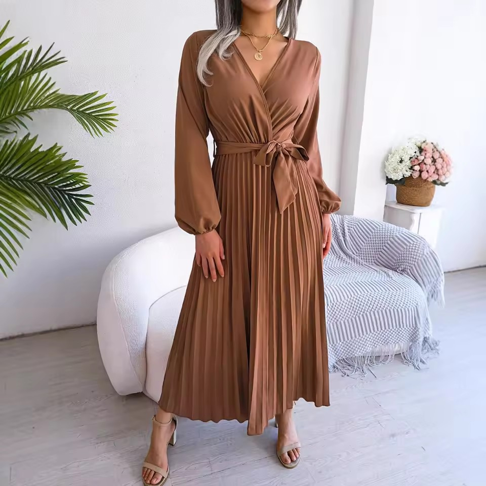 Wholesale New Fashion Women Long Sleeve V-Neck Pleated Dresses Solid Color Lace up Belt Europe Hot Sale Elegant Casual Long Dress Support Custom Brand