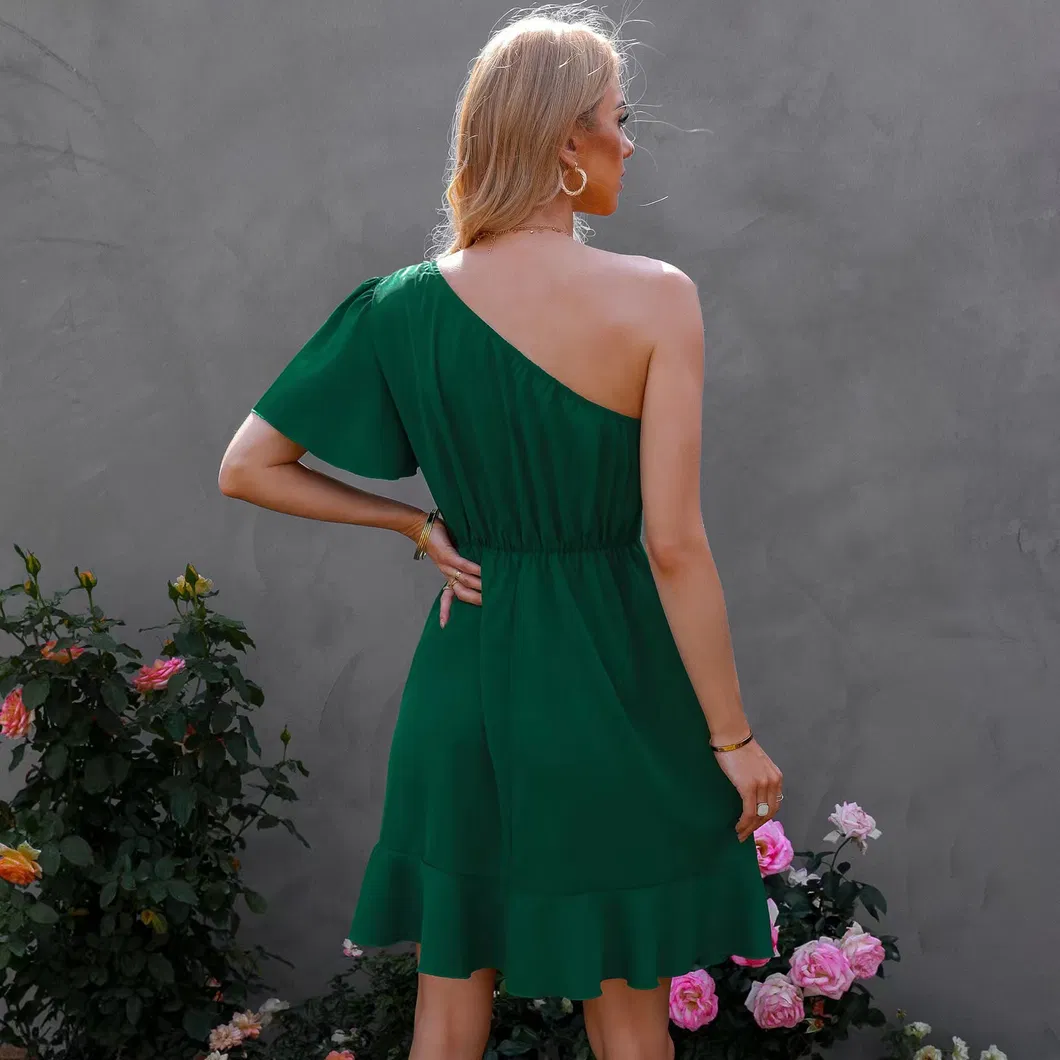 2025 Fashion Summer Solid Color Slash Neck One Shoulder Short Sleeve Dress