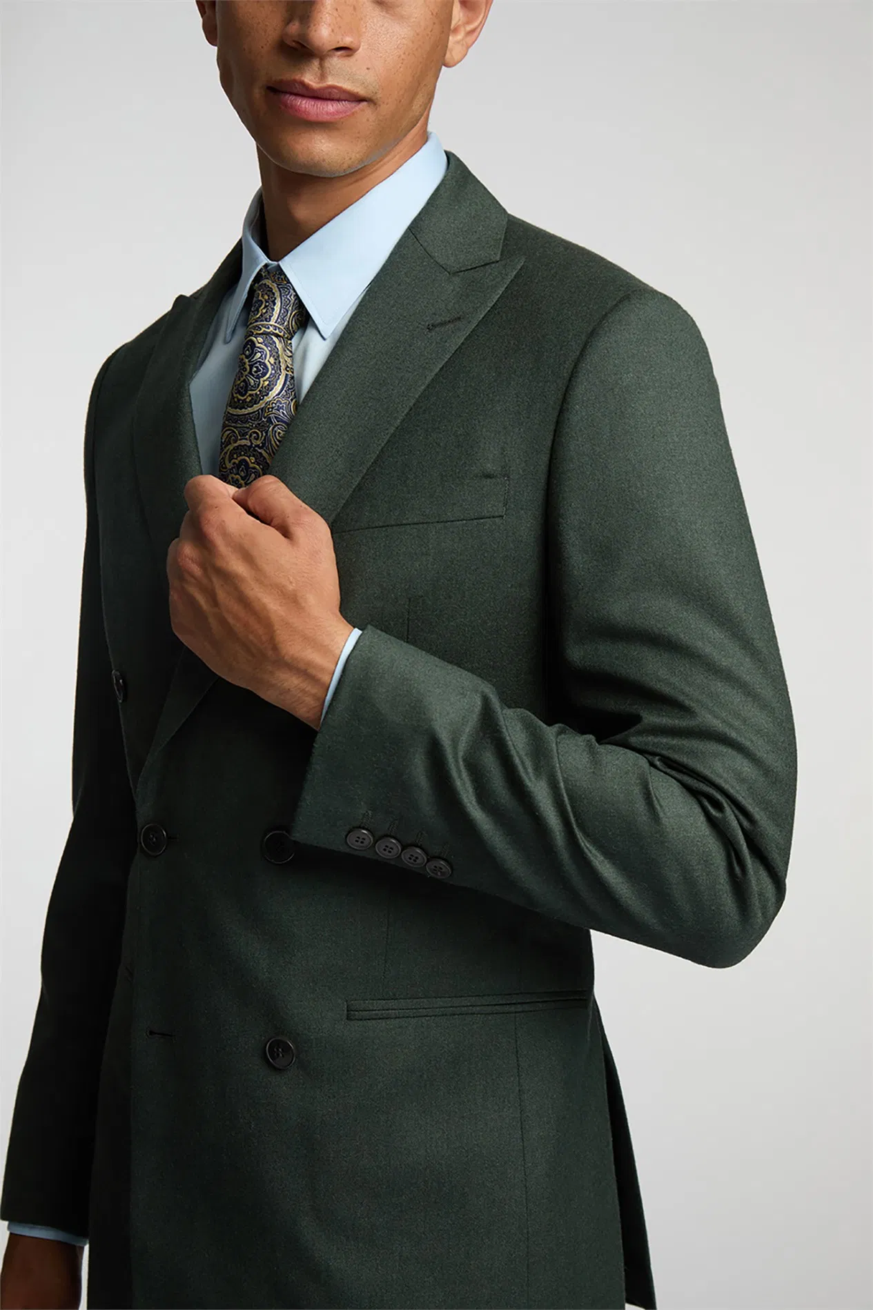 Men's Custom Tailored Double-Breasted Suit - Olive Green Slim Fit, Formal Business Attire, and Elegant Design