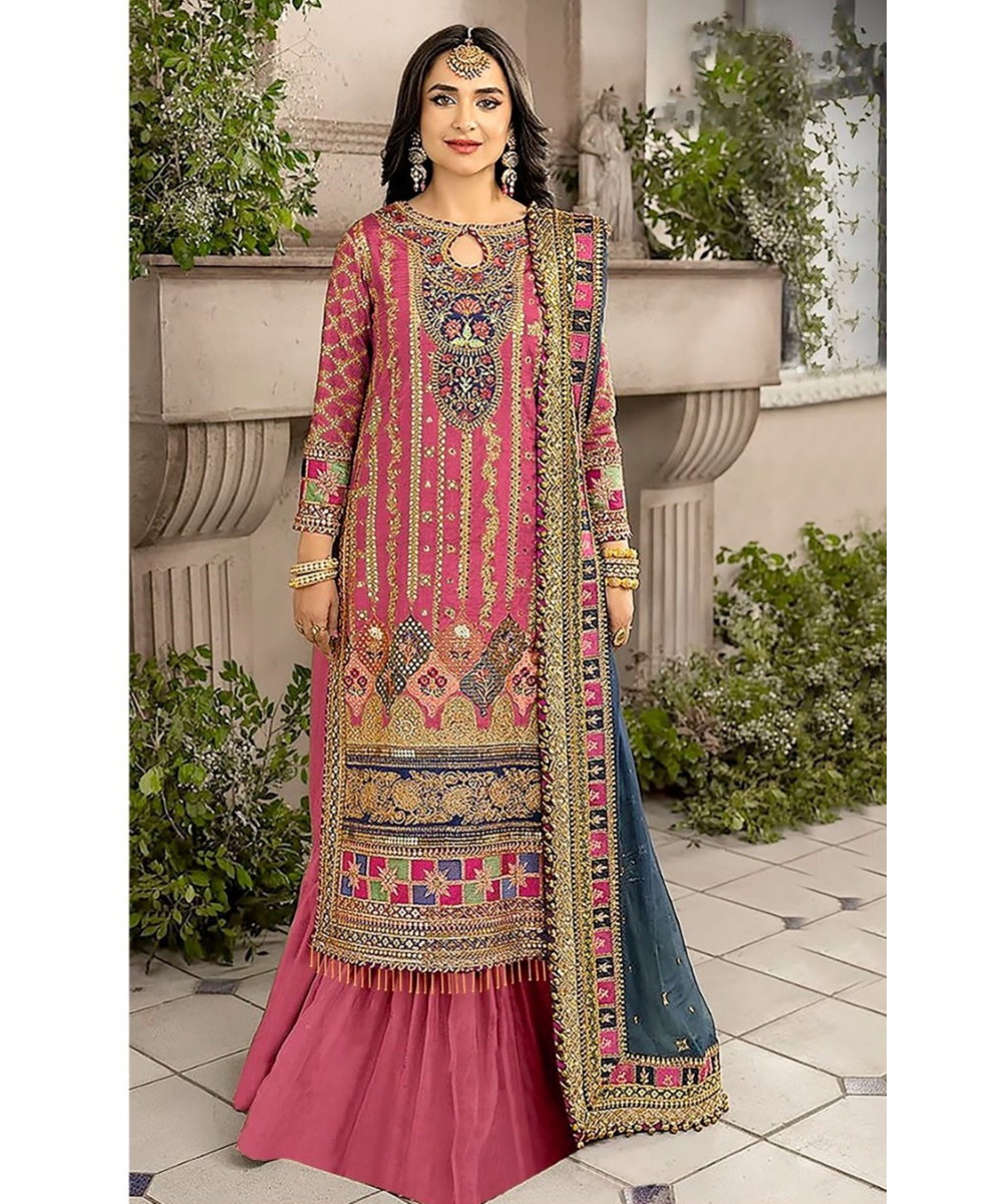 Pakistani Chiffon Two-Piece Modest Suit for Women in Rajasthani Style with Beautiful Dupatta Eco-Friendly and Four Season