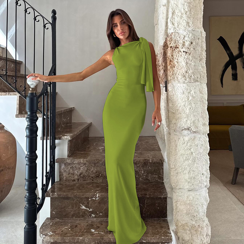 Summer Dress Fashion Single One Shoulder Streamer Solid Color Dresses Women