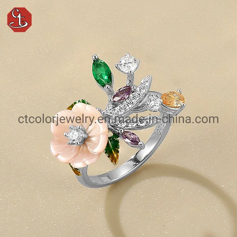 Fashion shell flower jewelry collection enamel green glass flower ladies ring