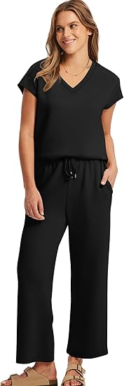 Women's Black Summer Vintage Solid 2-Piece Loungewear Set V-Neck Short Sleeve Top + Drawstring Wide Leg Pants 100% Cotton