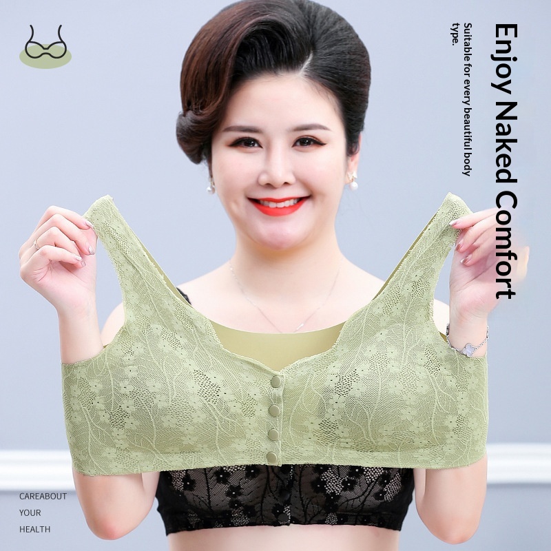Women's Front Buckle Nursing Bra Thin Summer Wireless Seamless Lace Bustier Vest Bra Maternity Bra for Middle-Aged Elderly Mom