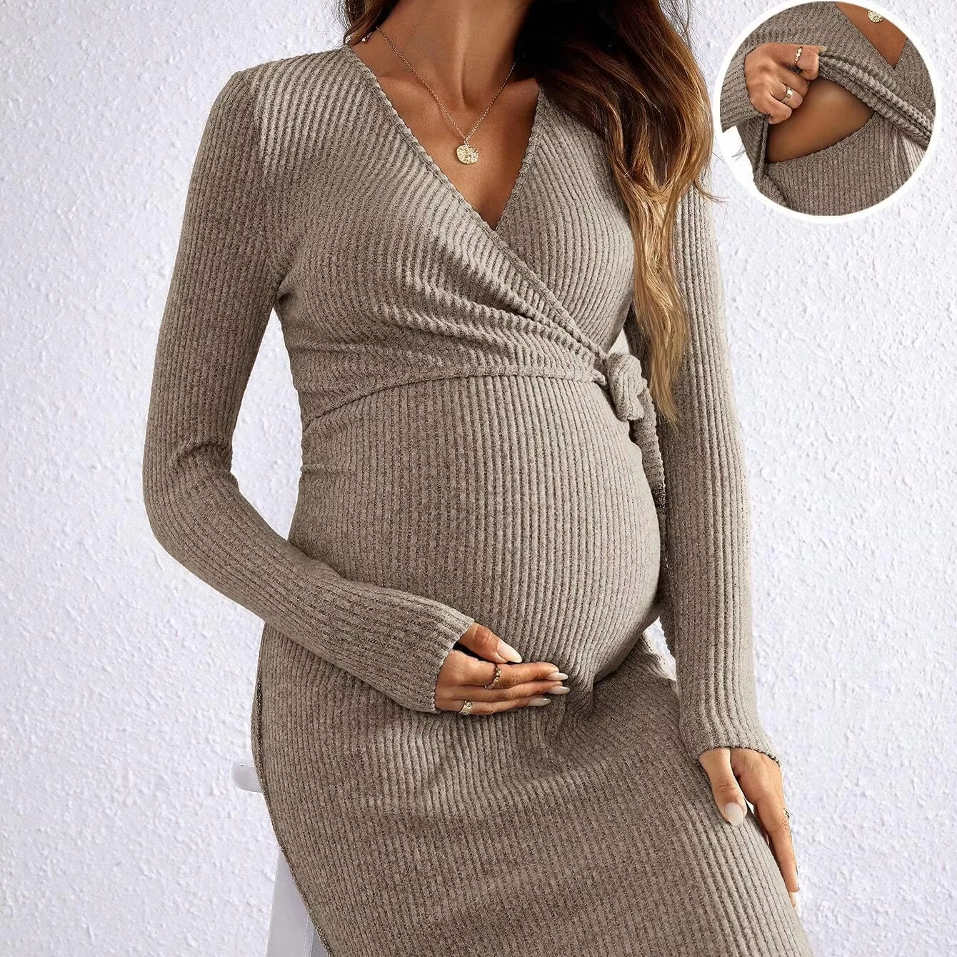 Maternity Front Tie Long Sleeve Minimalist Short Dress Maternity Dresses Women's Nursing Dress