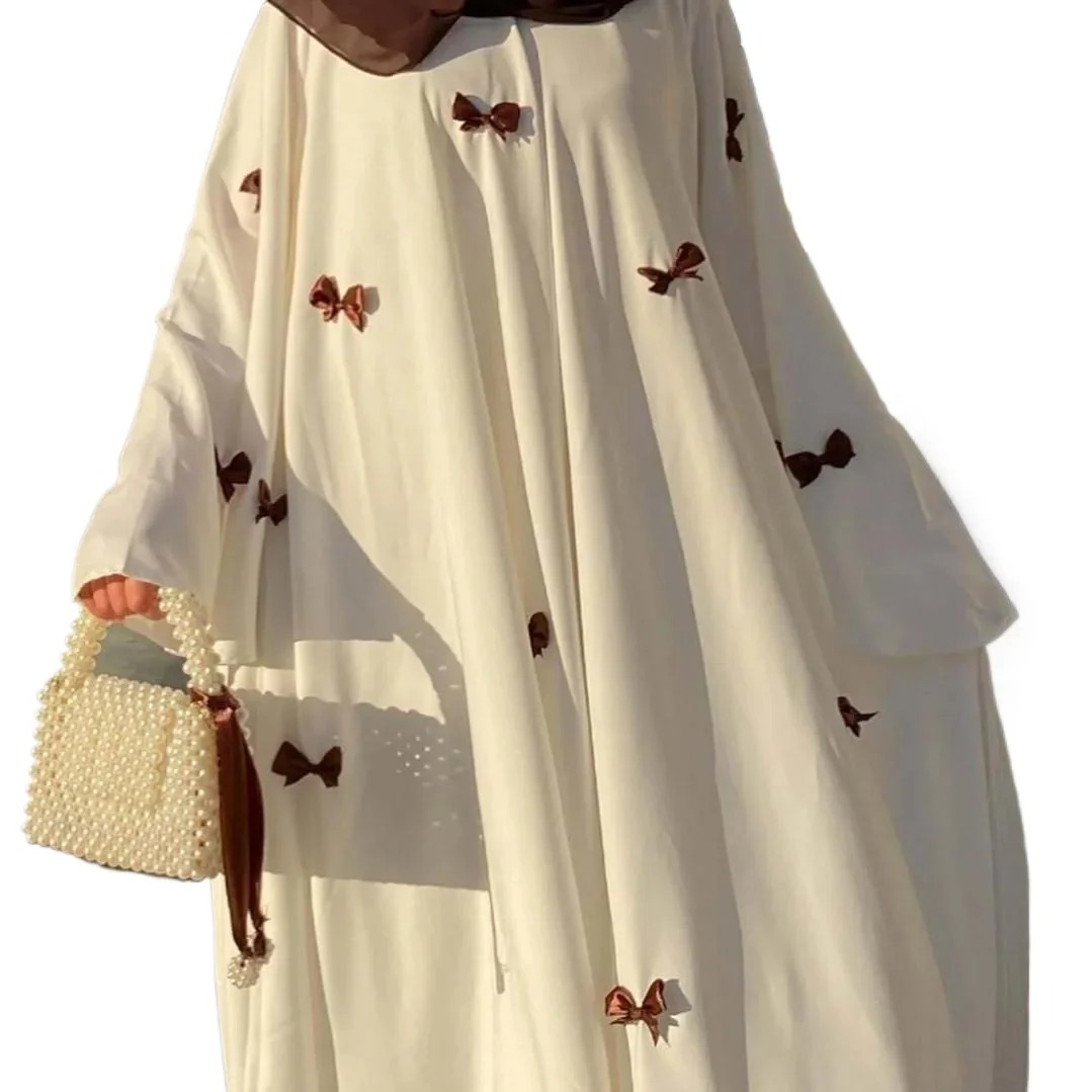 Summer New White Muslim Dress Butterfly Abaya Middle East Arab Women's Dubai Abaya Loose Flared Sleeve Bow Tie Robe Dress