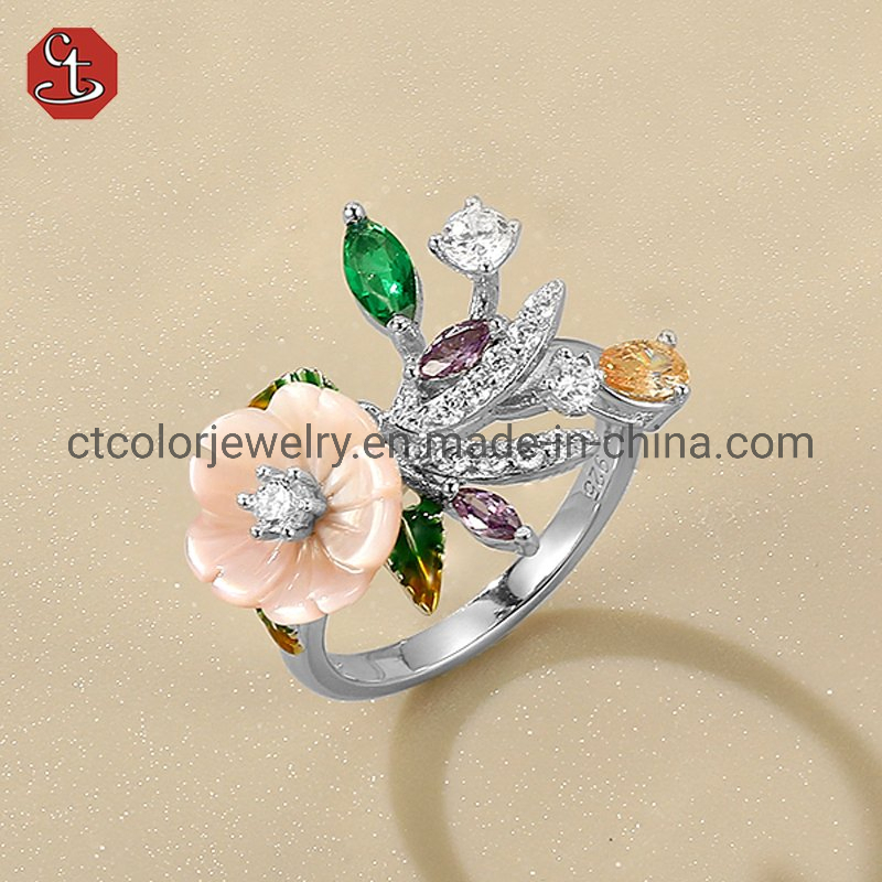 Fashion shell flower jewelry collection enamel green glass flower ladies ring