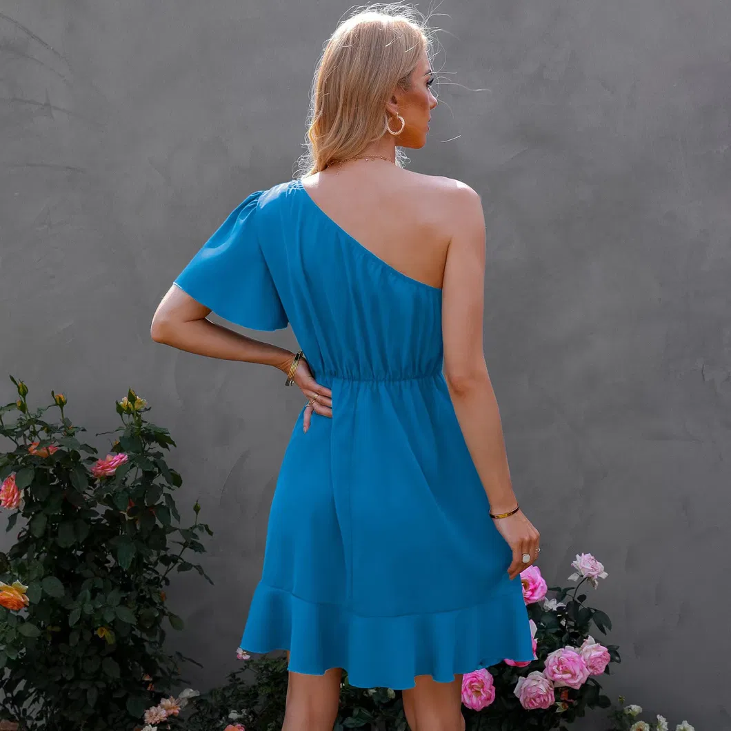 2025 Fashion Summer Solid Color Slash Neck One Shoulder Short Sleeve Dress