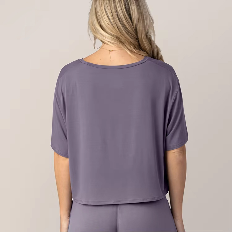Women Casual Leisure Sets Bamboo Crop Tee Loose-fit Trouser